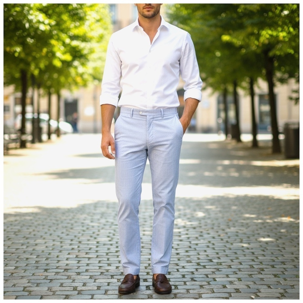 Ballin Men’s Blue White Stripe Cotton Stretch Tailored Pants | 35 | Quiet Luxury - Picture 10 of 10